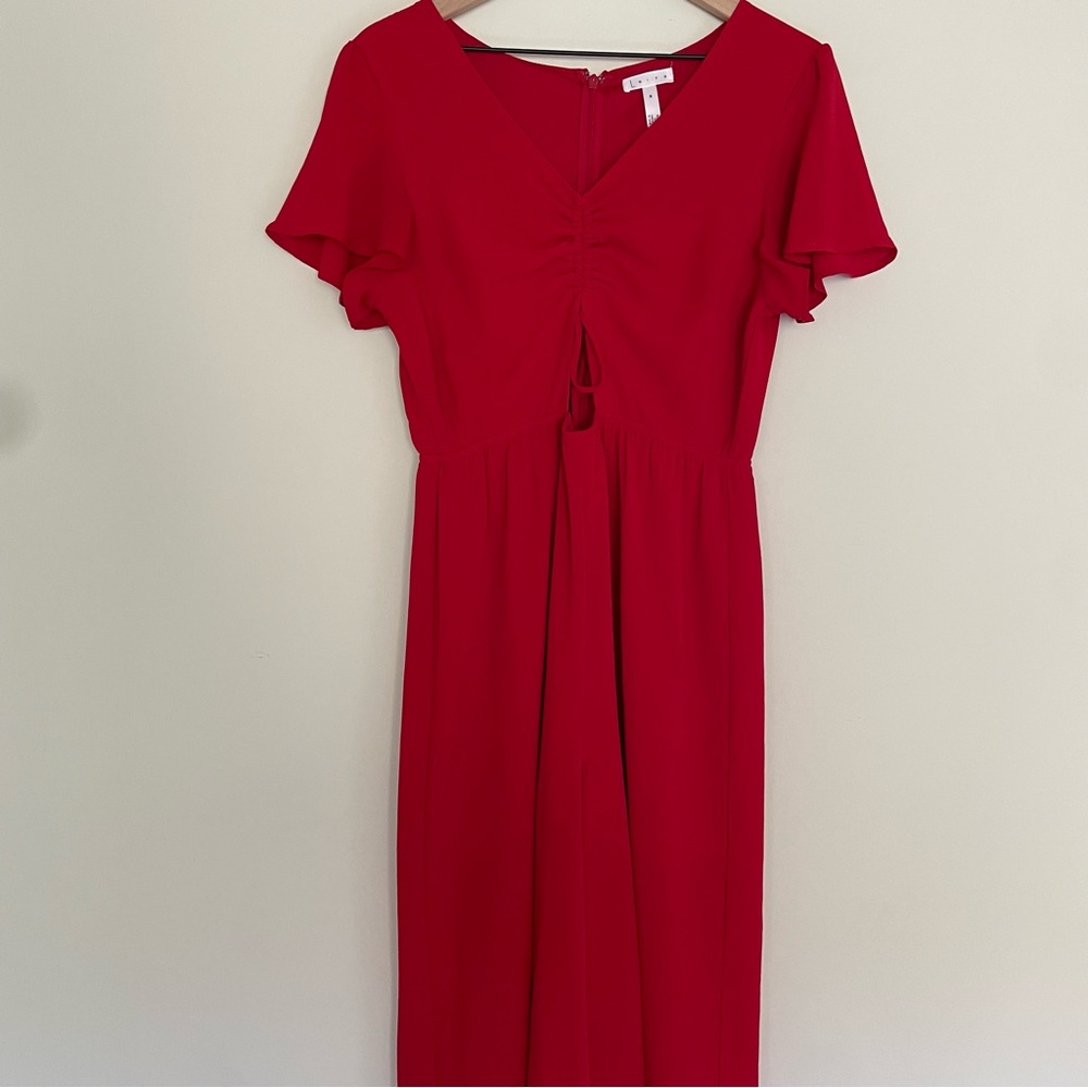 Leith Red Wide Leg Jumpsuit Ruched Front With Tie Cut Out Women’s Size Medium